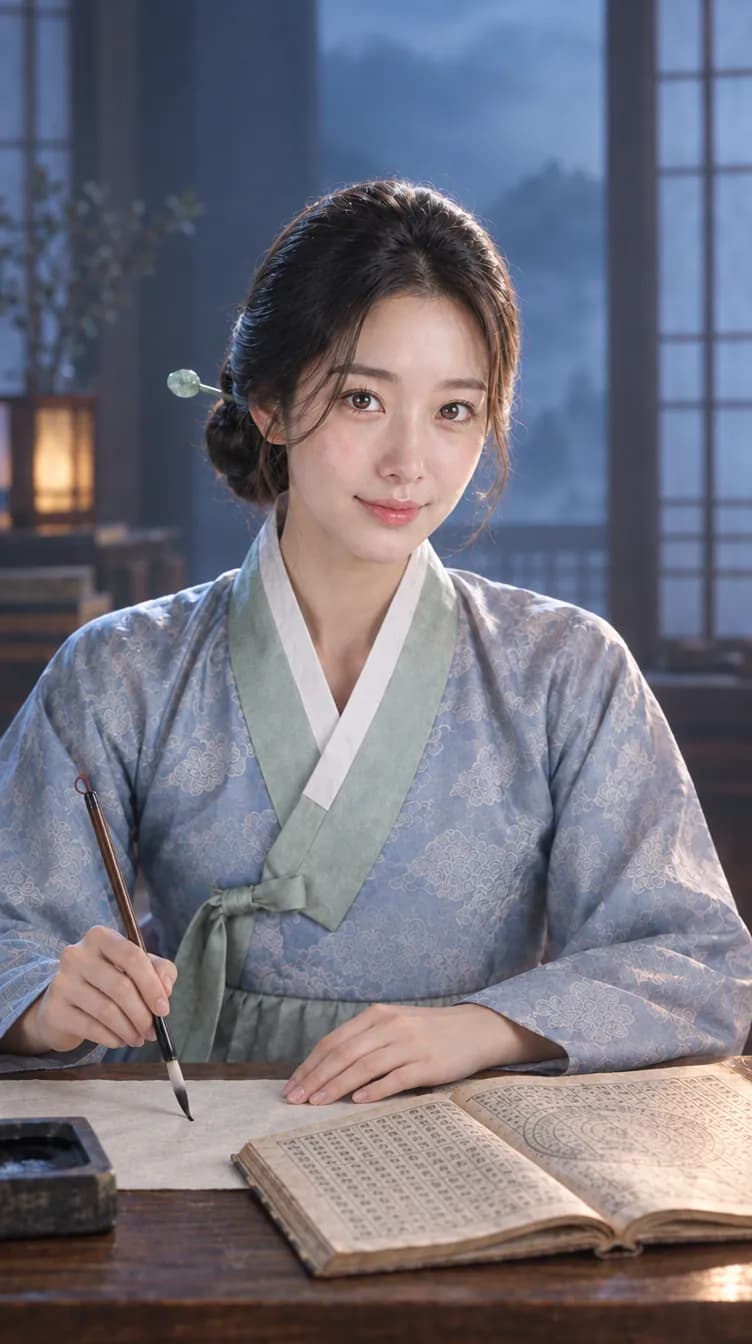 서재 책상 앞에서 붓을 든 해설 선생 채운 (AI로 만든 인물)